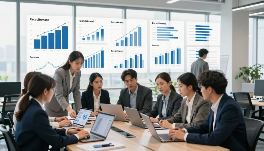 A dynamic office environment representing various sectors of activity and company sizes in recruitment. In the foreground, a diverse group of professionals, dressed in smart business attire, engage in discussions around a table, analyzing data on laptops and tablets. In the middle ground, visuals of charts and graphs illustrating recruitment statistics and trends hover above, depicting different business sectors like technology, healthcare, and finance, alongside varying company sizes from startups to large enterprises. The background features a modern office with floor-to-ceiling windows, letting in natural light, enhancing the focus on collaboration and productivity. The atmosphere is energetic and focused, reflecting the fast-paced nature of online recruitment platforms. Shot with a wide-angle lens to encapsulate breadth and depth. A dynamic office environment representing various sectors of activity and company sizes in recruitment. In the foreground, a diverse group of professionals, dressed in smart business attire, engage in discussions around a table, analyzing data on laptops and tablets. In the middle ground, visuals of charts and graphs illustrating recruitment statistics and trends hover above, depicting different business sectors like technology, healthcare, and finance, alongside varying company sizes from startups to large enterprises. The background features a modern office with floor-to-ceiling windows, letting in natural light, enhancing the focus on collaboration and productivity. The atmosphere is energetic and focused, reflecting the fast-paced nature of online recruitment platforms. Shot with a wide-angle lens to encapsulate breadth and depth.