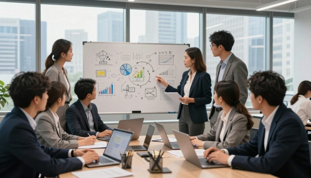 A dynamic office environment showcasing the challenges of startup financing. In the foreground, a diverse group of professionals in business attire engage in a brainstorming session, surrounded by laptops and financial charts. The middle scene features a large whiteboard filled with innovative ideas and funding strategies. In the background, a modern city skyline is visible through a large window, symbolizing opportunity. The lighting is bright and warm, creating an inspiring atmosphere for innovation. Use a wide-angle lens to capture the depth of the space and a slight depth of field to emphasize the group while softly blurring the background. The image conveys a sense of collaboration, determination, and a vibrant startup culture. A dynamic office environment showcasing the challenges of startup financing. In the foreground, a diverse group of professionals in business attire engage in a brainstorming session, surrounded by laptops and financial charts. The middle scene features a large whiteboard filled with innovative ideas and funding strategies. In the background, a modern city skyline is visible through a large window, symbolizing opportunity. The lighting is bright and warm, creating an inspiring atmosphere for innovation. Use a wide-angle lens to capture the depth of the space and a slight depth of field to emphasize the group while softly blurring the background. The image conveys a sense of collaboration, determination, and a vibrant startup culture.