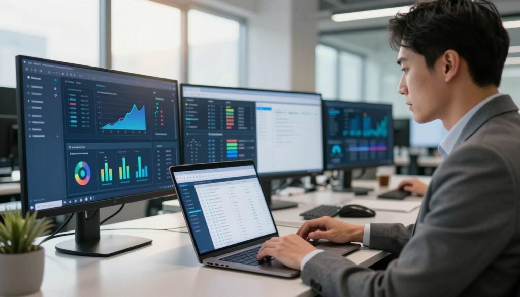 A dynamic office environment showcasing the primary features of IT management software. In the foreground, a professional IT manager in business attire operates a sleek laptop, focused intently on a modern user interface displaying graphs, system performance metrics, and task lists. In the middle ground, vibrant screens show various IT dashboards, illustrating asset management, remote support tools, and monitoring capabilities. The background features a contemporary office with large windows allowing natural light to stream in, casting a warm glow. Use a lens that captures a slightly wide-angle view to create depth. The atmosphere should convey efficiency and innovation, highlighting a seamless integration of technology in daily work life. A dynamic office environment showcasing the primary features of IT management software. In the foreground, a professional IT manager in business attire operates a sleek laptop, focused intently on a modern user interface displaying graphs, system performance metrics, and task lists. In the middle ground, vibrant screens show various IT dashboards, illustrating asset management, remote support tools, and monitoring capabilities. The background features a contemporary office with large windows allowing natural light to stream in, casting a warm glow. Use a lens that captures a slightly wide-angle view to create depth. The atmosphere should convey efficiency and innovation, highlighting a seamless integration of technology in daily work life.