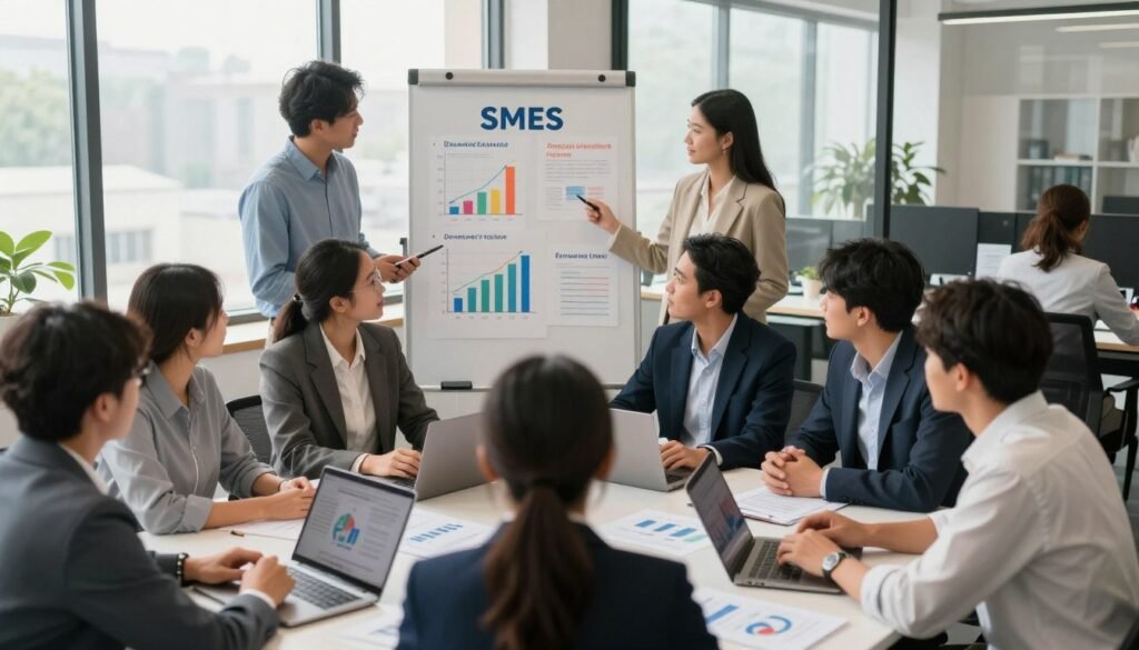 A dynamic office environment showcasing various alternatives for financing SMEs. In the foreground, a diverse group of professionals in business attire are engaged in a discussion around a table with financial documents, laptops, and charts. The middle ground features a whiteboard covered with colorful graphs representing different funding options like crowdsourcing, angel investors, and bank loans. The background includes a modern workspace with large windows, allowing natural light to filter through, creating a bright and optimistic atmosphere. The scene should have a warm yet professional feel, capturing the essence of innovation and collaboration. Focus on clear, crisp details and a balanced composition, using a slightly elevated angle to provide a comprehensive view of the workspace. A dynamic office environment showcasing various alternatives for financing SMEs. In the foreground, a diverse group of professionals in business attire are engaged in a discussion around a table with financial documents, laptops, and charts. The middle ground features a whiteboard covered with colorful graphs representing different funding options like crowdsourcing, angel investors, and bank loans. The background includes a modern workspace with large windows, allowing natural light to filter through, creating a bright and optimistic atmosphere. The scene should have a warm yet professional feel, capturing the essence of innovation and collaboration. Focus on clear, crisp details and a balanced composition, using a slightly elevated angle to provide a comprehensive view of the workspace.
