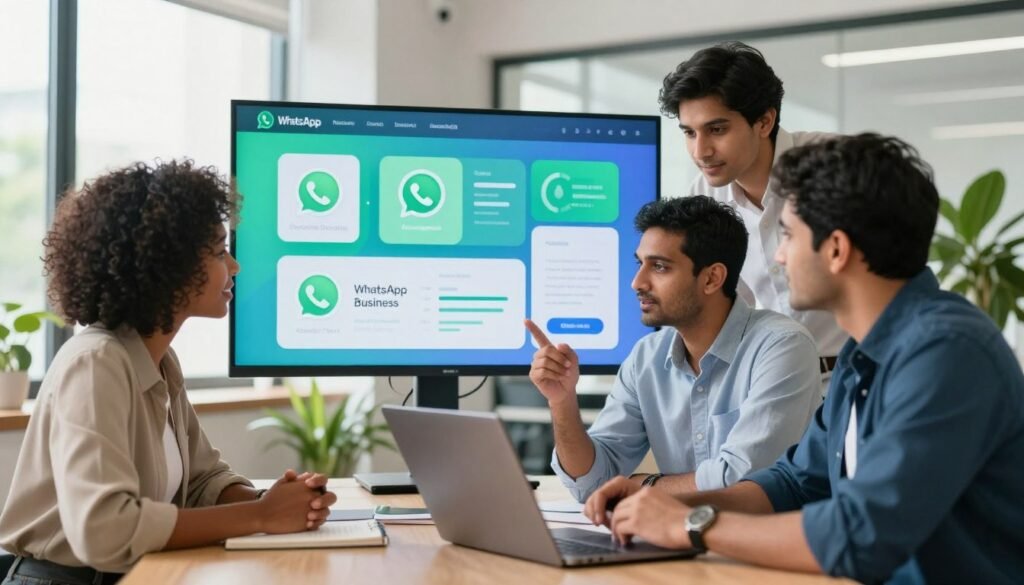 A dynamic, professional digital workspace showcasing the key strengths of WhatsApp Business. In the foreground, a diverse group of three business professionals—one Black woman and two South Asian men—are engaged in a discussion around a laptop, dressed in smart casual attire. In the middle ground, a large screen displays vibrant graphics illustrating features like customer engagement, automation tools, and analytics. The background features a modern office setting with bright lighting, large windows letting in natural light, and lush green plants for a fresh atmosphere. Capture a sense of collaboration and innovation, with a slight depth of field to focus on the engaged team while softening the background. A dynamic, professional digital workspace showcasing the key strengths of WhatsApp Business. In the foreground, a diverse group of three business professionals—one Black woman and two South Asian men—are engaged in a discussion around a laptop, dressed in smart casual attire. In the middle ground, a large screen displays vibrant graphics illustrating features like customer engagement, automation tools, and analytics. The background features a modern office setting with bright lighting, large windows letting in natural light, and lush green plants for a fresh atmosphere. Capture a sense of collaboration and innovation, with a slight depth of field to focus on the engaged team while softening the background.