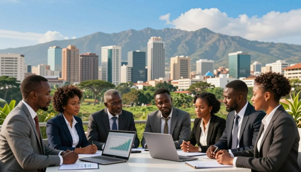 A dynamic scene capturing the evolution of investment growth in Africa. In the foreground, a diverse group of professional individuals in business attire—African men and women—discuss innovative startup ideas around a laptop displaying financial charts. In the middle ground, a bustling city skyline with modern buildings signifies economic growth, interspersed with lush greenery symbolizing Africa’s natural resources. The background features mountains under a bright blue sky, representing potential and aspirations. The scene is well-lit, with golden sunlight illuminating the faces of the people and enhancing the vibrancy of the environment. The mood is optimistic and forward-looking, embodying the trends in venture capital financing in Africa. The image has a wide-angle view to capture the scope of investment opportunities. A dynamic scene capturing the evolution of investment growth in Africa. In the foreground, a diverse group of professional individuals in business attire—African men and women—discuss innovative startup ideas around a laptop displaying financial charts. In the middle ground, a bustling city skyline with modern buildings signifies economic growth, interspersed with lush greenery symbolizing Africa’s natural resources. The background features mountains under a bright blue sky, representing potential and aspirations. The scene is well-lit, with golden sunlight illuminating the faces of the people and enhancing the vibrancy of the environment. The mood is optimistic and forward-looking, embodying the trends in venture capital financing in Africa. The image has a wide-angle view to capture the scope of investment opportunities.