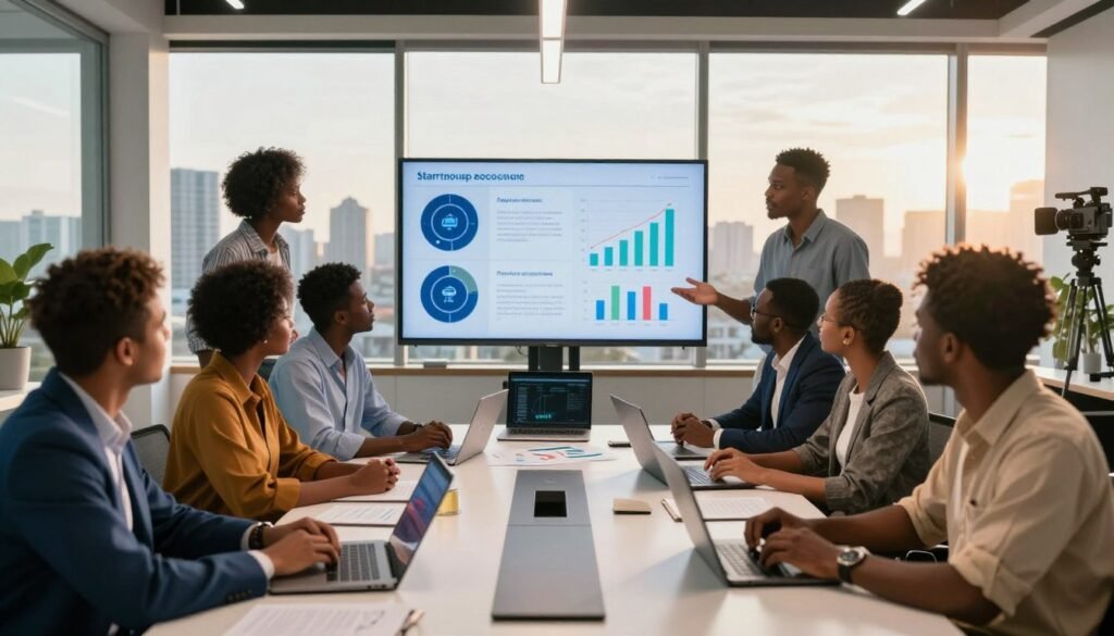 A dynamic scene depicting African entrepreneurs brainstorming in a modern office space, vibrant colors illuminating the room. In the foreground, a diverse group of professionals, dressed in smart casual attire, engages in animated discussions around a sleek conference table filled with laptops, tablets, and strategy documents. The middle layer shows a large digital screen displaying infographics and growth charts, showcasing technology and agility strategies. In the background, large windows reveal a scenic view of an African city skyline, bathed in warm sunlight, creating an inspiring mood. Soft, natural lighting enhances the professional environment, while an overhead camera angle captures the collaboration and enthusiasm of the team, symbolizing innovation and success in Africa’s startup ecosystem. A dynamic scene depicting African entrepreneurs brainstorming in a modern office space, vibrant colors illuminating the room. In the foreground, a diverse group of professionals, dressed in smart casual attire, engages in animated discussions around a sleek conference table filled with laptops, tablets, and strategy documents. The middle layer shows a large digital screen displaying infographics and growth charts, showcasing technology and agility strategies. In the background, large windows reveal a scenic view of an African city skyline, bathed in warm sunlight, creating an inspiring mood. Soft, natural lighting enhances the professional environment, while an overhead camera angle captures the collaboration and enthusiasm of the team, symbolizing innovation and success in Africa’s startup ecosystem.