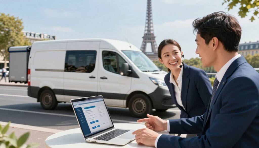 A dynamic scene depicting a swift delivery service in a modern urban environment, showcasing a delivery van in motion, surrounded by a vibrant cityscape of Paris with iconic landmarks like the Eiffel Tower in the background. In the foreground, a friendly customer service representative in professional attire is happily assisting a client, gesturing towards a laptop displaying a responsive interface. Bright, natural lighting highlights the scene, creating an inviting atmosphere. The angle captures both the van and the interaction, emphasizing speed and efficiency. The mood is optimistic and reassuring, representing rapid delivery and responsive customer service across France and Europe. A dynamic scene depicting a swift delivery service in a modern urban environment, showcasing a delivery van in motion, surrounded by a vibrant cityscape of Paris with iconic landmarks like the Eiffel Tower in the background. In the foreground, a friendly customer service representative in professional attire is happily assisting a client, gesturing towards a laptop displaying a responsive interface. Bright, natural lighting highlights the scene, creating an inviting atmosphere. The angle captures both the van and the interaction, emphasizing speed and efficiency. The mood is optimistic and reassuring, representing rapid delivery and responsive customer service across France and Europe.
