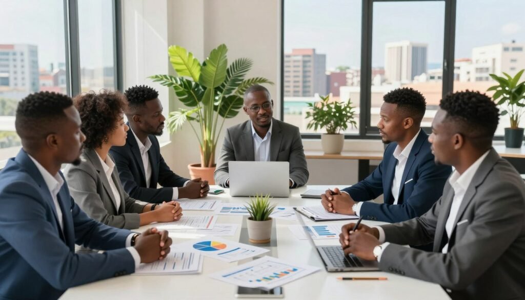 A dynamic scene depicting an African business meeting focused on wealth management and investment strategy. In the foreground, a diverse group of professionals in business attire engage in a thoughtful discussion around a modern conference table, filled with charts and graphs showcasing financial data. In the middle ground, vibrant green plants and stylish office decor add a touch of warmth to the setting, emphasizing a blend of tradition and modern business practices. The background features large windows with a view of a bustling African cityscape, under a bright, sunny sky, symbolizing growth and opportunities. Soft, natural lighting floods the room, creating an optimistic atmosphere that encourages collaboration and innovation. A dynamic scene depicting an African business meeting focused on wealth management and investment strategy. In the foreground, a diverse group of professionals in business attire engage in a thoughtful discussion around a modern conference table, filled with charts and graphs showcasing financial data. In the middle ground, vibrant green plants and stylish office decor add a touch of warmth to the setting, emphasizing a blend of tradition and modern business practices. The background features large windows with a view of a bustling African cityscape, under a bright, sunny sky, symbolizing growth and opportunities. Soft, natural lighting floods the room, creating an optimistic atmosphere that encourages collaboration and innovation.