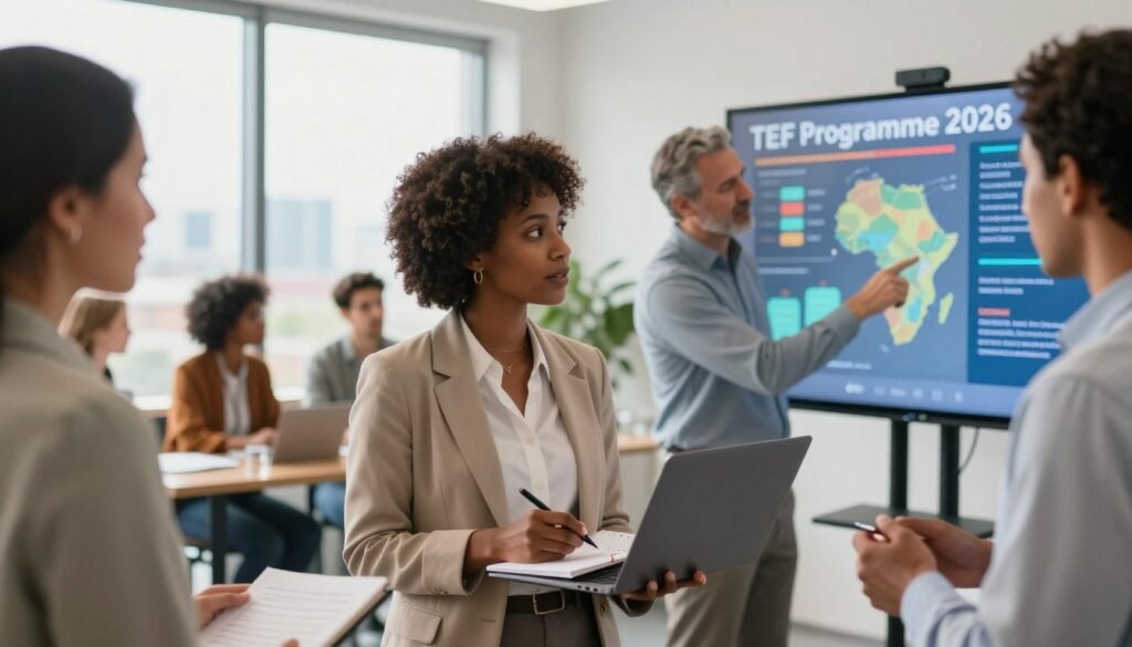 A dynamic scene depicting the "TEF Programme 2026," showcasing a diverse group of entrepreneurs actively engaging in discussion and collaboration. In the foreground, a confident African woman in business attire, using a laptop, notes ideas on a notepad, with a focused expression. To her right, a thoughtful middle-aged man, also in professional dress, points to a vibrant infographic on a digital screen, illustrating key program results. The background features a bright, modern office space with large windows allowing natural light, creating an optimistic and inspiring atmosphere. Soft, diffused lighting enhances the warmth of the setting, while a slight depth of field blurs the distant city skyline, suggesting a connection to the broader entrepreneurial landscape of Africa. A dynamic scene depicting the "TEF Programme 2026," showcasing a diverse group of entrepreneurs actively engaging in discussion and collaboration. In the foreground, a confident African woman in business attire, using a laptop, notes ideas on a notepad, with a focused expression. To her right, a thoughtful middle-aged man, also in professional dress, points to a vibrant infographic on a digital screen, illustrating key program results. The background features a bright, modern office space with large windows allowing natural light, creating an optimistic and inspiring atmosphere. Soft, diffused lighting enhances the warmth of the setting, while a slight depth of field blurs the distant city skyline, suggesting a connection to the broader entrepreneurial landscape of Africa.