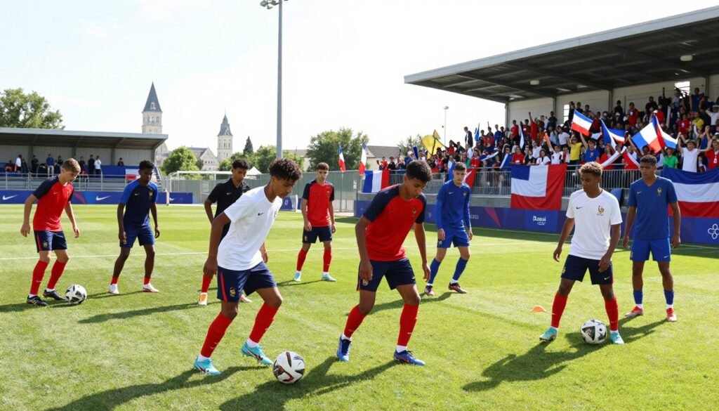 A dynamic scene depicting the journey of young athletes transitioning from junior levels to the senior national football team of France. In the foreground, showcase a diverse group of young players in professional sports attire, energetically training and collaborating on the field. The middle ground features a well-maintained football pitch under a bright sky, with a few iconic French landmarks visible in the distance. In the background, a cheering crowd holds national flags and banners, celebrating the players’ achievements. The lighting is vibrant, capturing the motivation and energy of young talent. The mood is inspiring and uplifting, reflecting teamwork and ambition in the spirit of sports. Aim for a wide-angle perspective to encompass the entire scene, enhancing the feeling of community and progress. A dynamic scene depicting the journey of young athletes transitioning from junior levels to the senior national football team of France. In the foreground, showcase a diverse group of young players in professional sports attire, energetically training and collaborating on the field. The middle ground features a well-maintained football pitch under a bright sky, with a few iconic French landmarks visible in the distance. In the background, a cheering crowd holds national flags and banners, celebrating the players’ achievements. The lighting is vibrant, capturing the motivation and energy of young talent. The mood is inspiring and uplifting, reflecting teamwork and ambition in the spirit of sports. Aim for a wide-angle perspective to encompass the entire scene, enhancing the feeling of community and progress.