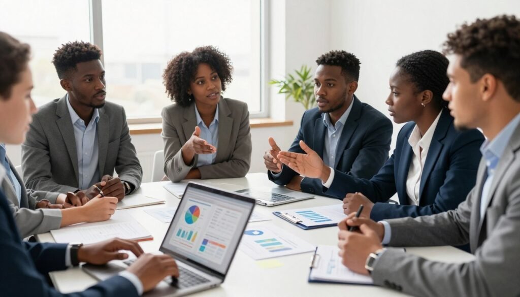 A dynamic scene illustrating the concept of eligibility criteria for young entrepreneurs, featuring a diverse group of young Africans in professional business attire, actively engaged in a brainstorming session around a large table. The foreground showcases a close-up of hands working on a laptop and notepads filled with ideas. In the middle ground, diverse individuals are exchanging ideas, with focused expressions and gesturing hands, surrounded by colorful charts and graphs. The background features a bright, modern office environment with large windows flooding the space with natural light, creating an inspiring atmosphere. Soft shadows highlight the intensity of their discussion, capturing a sense of collaboration and innovation, symbolizing the entrepreneurial spirit. The scene is vibrant and motivational, evoking the themes of opportunity and ambition. A dynamic scene illustrating the concept of eligibility criteria for young entrepreneurs, featuring a diverse group of young Africans in professional business attire, actively engaged in a brainstorming session around a large table. The foreground showcases a close-up of hands working on a laptop and notepads filled with ideas. In the middle ground, diverse individuals are exchanging ideas, with focused expressions and gesturing hands, surrounded by colorful charts and graphs. The background features a bright, modern office environment with large windows flooding the space with natural light, creating an inspiring atmosphere. Soft shadows highlight the intensity of their discussion, capturing a sense of collaboration and innovation, symbolizing the entrepreneurial spirit. The scene is vibrant and motivational, evoking the themes of opportunity and ambition.