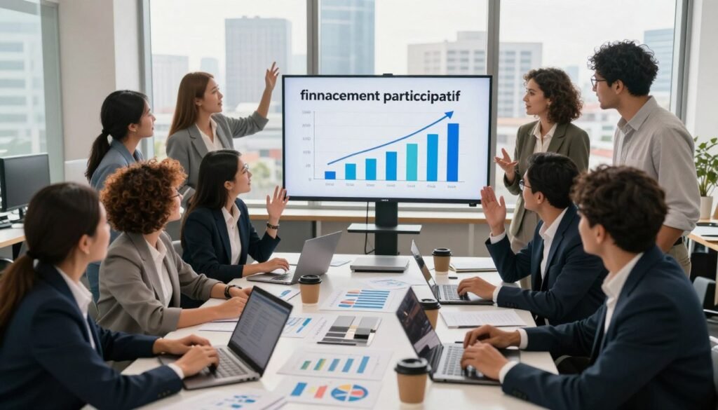 A dynamic scene illustrating the concept of "financement participatif" or crowdfunding. In the foreground, a diverse group of professionals in business attire, including women and men of varying ethnicities, are engaged in a lively discussion around a large table filled with laptops, charts, and coffee cups. In the middle ground, a large screen displays a graph showing the growth of funds over time, symbolizing success in crowdfunding. The background features a modern office setting with city skyline views through large windows, bathed in warm natural light. The atmosphere is collaborative and energetic, reflecting hope and innovation in financing ventures. The angle of the shot is slightly elevated, creating a vibrant and engaging perspective of the workspace. A dynamic scene illustrating the concept of "financement participatif" or crowdfunding. In the foreground, a diverse group of professionals in business attire, including women and men of varying ethnicities, are engaged in a lively discussion around a large table filled with laptops, charts, and coffee cups. In the middle ground, a large screen displays a graph showing the growth of funds over time, symbolizing success in crowdfunding. The background features a modern office setting with city skyline views through large windows, bathed in warm natural light. The atmosphere is collaborative and energetic, reflecting hope and innovation in financing ventures. The angle of the shot is slightly elevated, creating a vibrant and engaging perspective of the workspace.