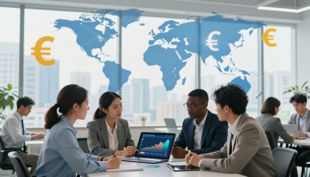 A dynamic scene illustrating the concept of foreign direct investment and financial flows, set in a modern office environment. In the foreground, a diverse group of professionals in business attire engage in discussion around a digital tablet displaying financial graphs and charts. The middle ground features large windows with a city skyline, symbolizing economic growth and opportunity. In the background, abstract representations of currency symbols and global maps float, creating a sense of interconnectedness. The lighting is bright and professional, with an emphasis on a clean and organized workspace. The mood is optimistic and forward-looking, portraying the vibrancy of international investments in the African economy. A dynamic scene illustrating the concept of foreign direct investment and financial flows, set in a modern office environment. In the foreground, a diverse group of professionals in business attire engage in discussion around a digital tablet displaying financial graphs and charts. The middle ground features large windows with a city skyline, symbolizing economic growth and opportunity. In the background, abstract representations of currency symbols and global maps float, creating a sense of interconnectedness. The lighting is bright and professional, with an emphasis on a clean and organized workspace. The mood is optimistic and forward-looking, portraying the vibrancy of international investments in the African economy.