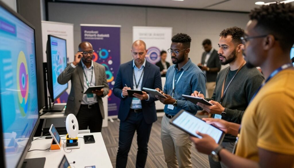 A dynamic scene of a technology startup competition showcasing diverse, professional individuals. In the foreground, a diverse group of entrepreneurs in smart casual or business attire passionately presenting their innovative ideas using colorful digital displays and prototypes. In the middle ground, judges are attentively evaluating the presentations, taking notes on tablets, and discussing amongst themselves. The background features a modern conference hall with banners displaying technology-oriented graphics. Soft, ambient lighting enhances the sense of excitement, while a slight depth of field brings focus to the presenters. The atmosphere is vibrant and inspiring, filled with determination and collaboration, symbolizing a launchpad for entrepreneurship in Africa. A dynamic scene of a technology startup competition showcasing diverse, professional individuals. In the foreground, a diverse group of entrepreneurs in smart casual or business attire passionately presenting their innovative ideas using colorful digital displays and prototypes. In the middle ground, judges are attentively evaluating the presentations, taking notes on tablets, and discussing amongst themselves. The background features a modern conference hall with banners displaying technology-oriented graphics. Soft, ambient lighting enhances the sense of excitement, while a slight depth of field brings focus to the presenters. The atmosphere is vibrant and inspiring, filled with determination and collaboration, symbolizing a launchpad for entrepreneurship in Africa.