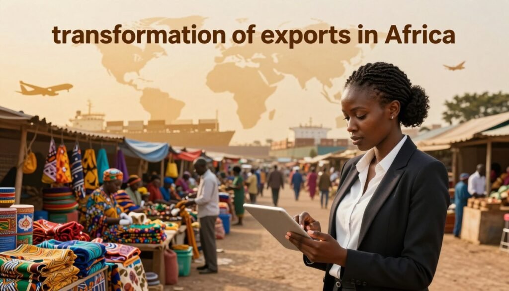 A dynamic scene representing the theme of "transformation of exports in Africa." In the foreground, an African businesswoman in professional attire analyzes data on a digital tablet, symbolizing the growing role of innovation in trade. The middle ground features a vibrant marketplace bustling with diverse products such as textiles, agricultural goods, and handcrafted items, reflecting the continent's rich resources and potential. In the background, silhouettes of cargo ships and airplanes symbolize global connectivity and the export process. Soft, warm lighting enhances a hopeful mood, casting a golden hue over the scene, while a slightly elevated angle captures the scope and vitality of the trade environment. The overall atmosphere conveys progress, opportunity, and the evolving landscape of African exports. A dynamic scene representing the theme of "transformation of exports in Africa." In the foreground, an African businesswoman in professional attire analyzes data on a digital tablet, symbolizing the growing role of innovation in trade. The middle ground features a vibrant marketplace bustling with diverse products such as textiles, agricultural goods, and handcrafted items, reflecting the continent's rich resources and potential. In the background, silhouettes of cargo ships and airplanes symbolize global connectivity and the export process. Soft, warm lighting enhances a hopeful mood, casting a golden hue over the scene, while a slightly elevated angle captures the scope and vitality of the trade environment. The overall atmosphere conveys progress, opportunity, and the evolving landscape of African exports.