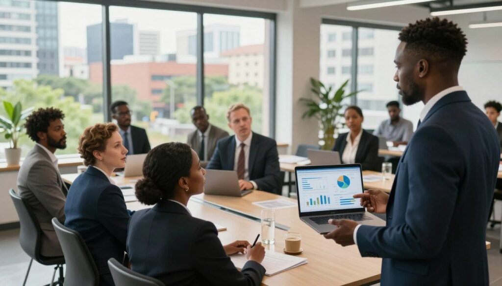 A dynamic scene set in a modern co-working space, focusing on a diverse group of professional investors discussing innovative startup ideas in Africa. In the foreground, a confident African entrepreneur in business attire presents a digital pitch on a laptop, with charts and graphs displayed. The middle section reveals a diverse panel of investors, including men and women of various ethnic backgrounds, all dressed in smart business attire, engaged in intense discussion. The background features large windows showcasing a vibrant cityscape, with greenery visible outside, indicating a progressive, thriving urban environment. Soft, natural lighting enhances the professionalism of the setting, creating an atmosphere of innovation and opportunity, captured with a wide-angle lens to emphasize collaboration and engagement. A dynamic scene set in a modern co-working space, focusing on a diverse group of professional investors discussing innovative startup ideas in Africa. In the foreground, a confident African entrepreneur in business attire presents a digital pitch on a laptop, with charts and graphs displayed. The middle section reveals a diverse panel of investors, including men and women of various ethnic backgrounds, all dressed in smart business attire, engaged in intense discussion. The background features large windows showcasing a vibrant cityscape, with greenery visible outside, indicating a progressive, thriving urban environment. Soft, natural lighting enhances the professionalism of the setting, creating an atmosphere of innovation and opportunity, captured with a wide-angle lens to emphasize collaboration and engagement.