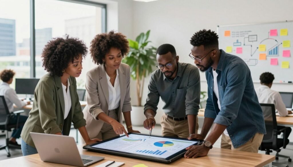 A dynamic scene showcasing a diverse group of African entrepreneurs engaged in a collaborative workspace. In the foreground, three professionals—two women in business attire and one man in smart casual clothing—are brainstorming over a large digital tablet displaying graphs and project plans. The middle ground features a modern office environment with green plants, large windows allowing natural light, and colorful post-it notes on a whiteboard depicting strategies for successful project execution. In the background, a vibrant cityscape represents growth and opportunity. The lighting is bright and inviting, creating a motivational atmosphere. The composition captures the energy and determination needed to thrive in entrepreneurial ventures in Africa while maintaining a professional and inspiring tone. A dynamic scene showcasing a diverse group of African entrepreneurs engaged in a collaborative workspace. In the foreground, three professionals—two women in business attire and one man in smart casual clothing—are brainstorming over a large digital tablet displaying graphs and project plans. The middle ground features a modern office environment with green plants, large windows allowing natural light, and colorful post-it notes on a whiteboard depicting strategies for successful project execution. In the background, a vibrant cityscape represents growth and opportunity. The lighting is bright and inviting, creating a motivational atmosphere. The composition captures the energy and determination needed to thrive in entrepreneurial ventures in Africa while maintaining a professional and inspiring tone.