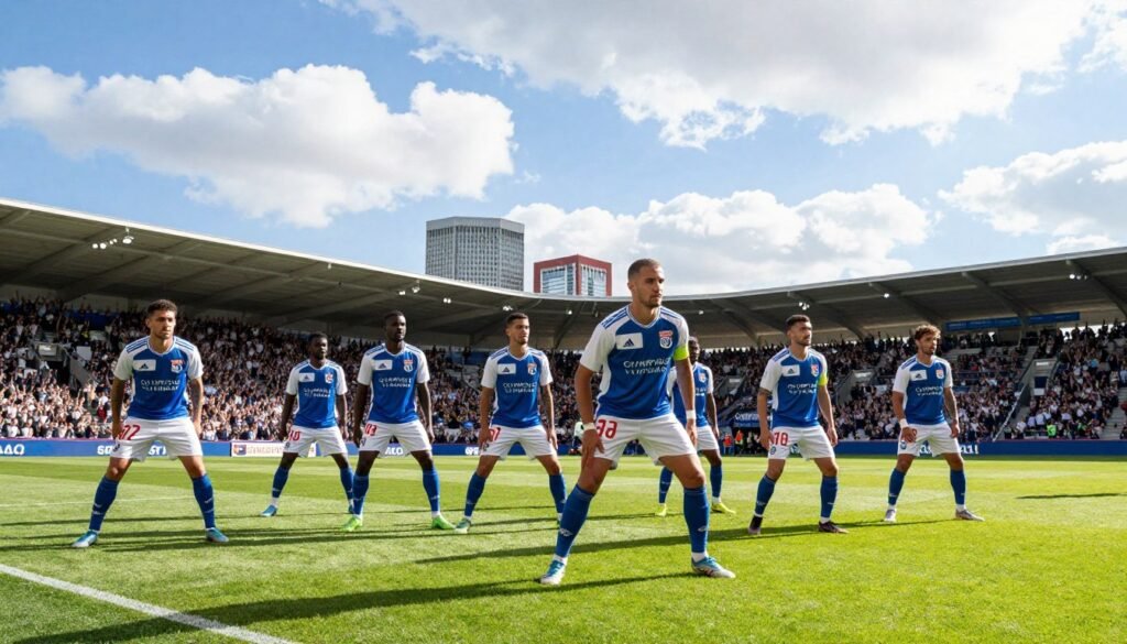 A dynamic scene showcasing the "Olympique Lyonnais" team formation on a vibrant football pitch. In the foreground, players clad in professional athletic jerseys are positioned strategically, demonstrating teamwork and focus, with expressions conveying determination and passion. The middle ground features a bustling stadium filled with cheering fans, creating an electric atmosphere, while in the background, the iconic Lyon skyline emerges under a bright blue sky with soft, fluffy clouds. The lighting is bright and natural, simulating a mid-afternoon match, casting realistic shadows on the grass. The composition captures a moment of anticipation and energy, encapsulating the spirit of competitive sports and collective ambition. No text or additional elements are included. A dynamic scene showcasing the "Olympique Lyonnais" team formation on a vibrant football pitch. In the foreground, players clad in professional athletic jerseys are positioned strategically, demonstrating teamwork and focus, with expressions conveying determination and passion. The middle ground features a bustling stadium filled with cheering fans, creating an electric atmosphere, while in the background, the iconic Lyon skyline emerges under a bright blue sky with soft, fluffy clouds. The lighting is bright and natural, simulating a mid-afternoon match, casting realistic shadows on the grass. The composition captures a moment of anticipation and energy, encapsulating the spirit of competitive sports and collective ambition. No text or additional elements are included.