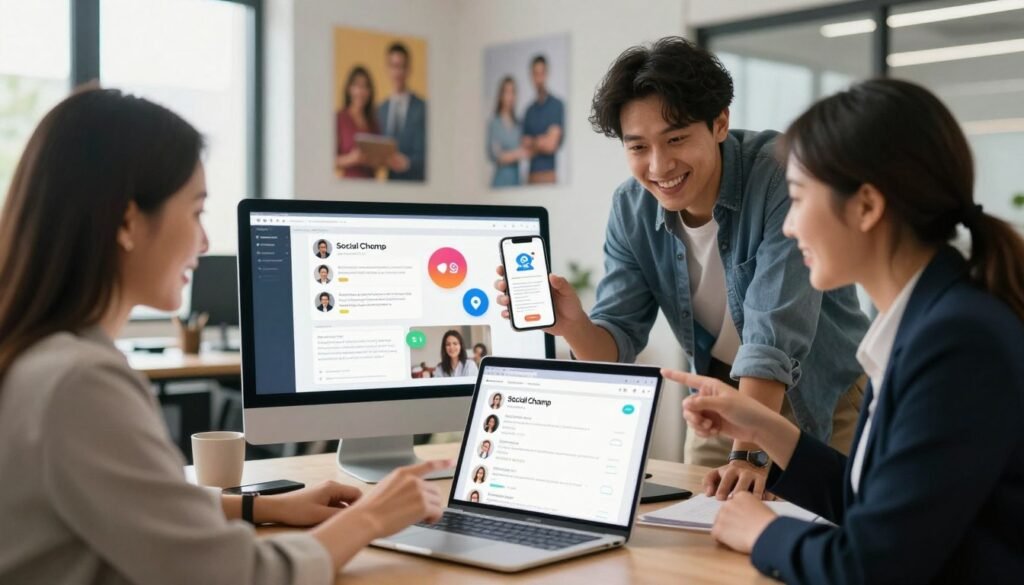 A dynamic social media engagement scene featuring diverse users sharing their positive experiences with Social Champ. In the foreground, a group of three individuals—one man and two women—are gathered around a laptop, smiling and pointing at the screen, dressed in professional business attire. The middle layer includes digital devices like smartphones and tablets displaying social media feeds, with vibrant icons and notifications. The background shows a modern office environment, with inspirational posters about teamwork and productivity. Soft, natural lighting filters through large windows, creating an inviting and collaborative atmosphere. The overall mood is positive and energetic, reflecting satisfaction and community in online interactions. A dynamic social media engagement scene featuring diverse users sharing their positive experiences with Social Champ. In the foreground, a group of three individuals—one man and two women—are gathered around a laptop, smiling and pointing at the screen, dressed in professional business attire. The middle layer includes digital devices like smartphones and tablets displaying social media feeds, with vibrant icons and notifications. The background shows a modern office environment, with inspirational posters about teamwork and productivity. Soft, natural lighting filters through large windows, creating an inviting and collaborative atmosphere. The overall mood is positive and energetic, reflecting satisfaction and community in online interactions.