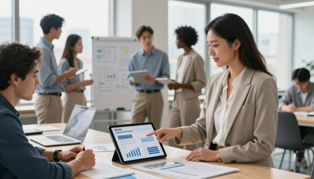 A dynamic workspace scene featuring a diverse group of entrepreneurs collaborating on a project. In the foreground, a confident woman in professional business attire points at a digital tablet displaying marketing strategies, while a man beside her reviews financial graphs. In the middle ground, a diverse group engaged in discussion, showcasing teamwork and innovation, with a whiteboard filled with ideas behind them. The background features large windows with a city skyline, allowing natural light to flood the room, creating an inspirational atmosphere. The lighting is bright and uplifting, emphasizing a sense of productivity and success. The overall mood conveys optimism and determination, highlighting the advantages of choosing doola for entrepreneurial success. A dynamic workspace scene featuring a diverse group of entrepreneurs collaborating on a project. In the foreground, a confident woman in professional business attire points at a digital tablet displaying marketing strategies, while a man beside her reviews financial graphs. In the middle ground, a diverse group engaged in discussion, showcasing teamwork and innovation, with a whiteboard filled with ideas behind them. The background features large windows with a city skyline, allowing natural light to flood the room, creating an inspirational atmosphere. The lighting is bright and uplifting, emphasizing a sense of productivity and success. The overall mood conveys optimism and determination, highlighting the advantages of choosing doola for entrepreneurial success.