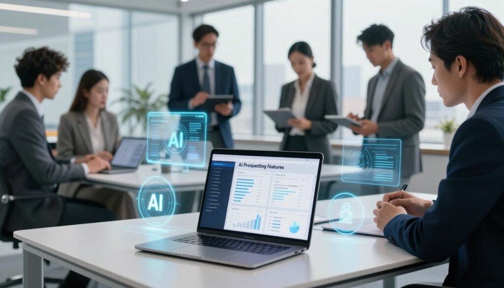 A futuristic and professional workspace showcasing "AI Prospecting Features." In the foreground, a sleek, modern desk with a high-tech laptop displaying data analytics and charts. Surrounding the laptop, digital representations of key AI functionalities like lead generation, customer segmentation, and predictive analysis illustrated as glowing icons. In the middle ground, a diverse group of professionals dressed in business attire, engaged in a dynamic brainstorming session with tablets and holographic displays showing AI-driven insights. In the background, a large window with a city skyline view, suggesting a bustling business environment. The lighting is bright and inviting, highlighting the high-tech ambiance, with a soft focus to emphasize the professionals' collaboration and innovative atmosphere. A futuristic and professional workspace showcasing "AI Prospecting Features." In the foreground, a sleek, modern desk with a high-tech laptop displaying data analytics and charts. Surrounding the laptop, digital representations of key AI functionalities like lead generation, customer segmentation, and predictive analysis illustrated as glowing icons. In the middle ground, a diverse group of professionals dressed in business attire, engaged in a dynamic brainstorming session with tablets and holographic displays showing AI-driven insights. In the background, a large window with a city skyline view, suggesting a bustling business environment. The lighting is bright and inviting, highlighting the high-tech ambiance, with a soft focus to emphasize the professionals' collaboration and innovative atmosphere.