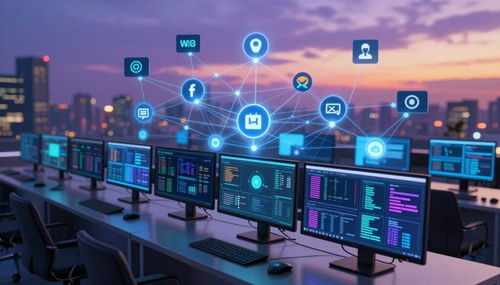A futuristic, dynamic digital landscape showcasing an extensive arsenal of web proxies. In the foreground, a sleek, high-tech computer workstation with multiple monitors displaying complex data analytics in a vibrant color palette, symbolizing advanced scraping capabilities. The middle layer features a stylized network diagram, illustrating the interconnectedness of various web proxies, with glowing nodes highlighting their anonymity and performance. In the background, a blurred cityscape at dusk with soft purple and orange hues, reflecting the digital world. Subtle lighting emanates from the screens, creating a professional and cutting-edge atmosphere. The overall mood is innovative and tech-savvy, emphasizing the importance of efficient web scraping for business growth. A futuristic, dynamic digital landscape showcasing an extensive arsenal of web proxies. In the foreground, a sleek, high-tech computer workstation with multiple monitors displaying complex data analytics in a vibrant color palette, symbolizing advanced scraping capabilities. The middle layer features a stylized network diagram, illustrating the interconnectedness of various web proxies, with glowing nodes highlighting their anonymity and performance. In the background, a blurred cityscape at dusk with soft purple and orange hues, reflecting the digital world. Subtle lighting emanates from the screens, creating a professional and cutting-edge atmosphere. The overall mood is innovative and tech-savvy, emphasizing the importance of efficient web scraping for business growth.