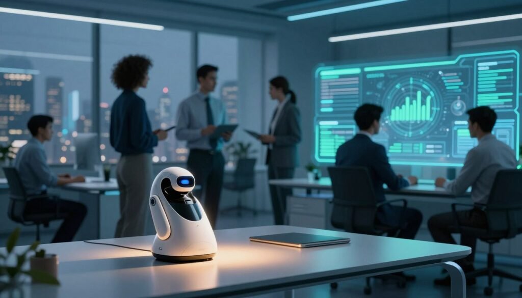 A futuristic office environment showcasing advanced AI automation. In the foreground, a sleek, modern desk with a high-tech virtual assistant device, illuminated softly, casting a warm glow. In the middle ground, a diverse group of professionals in business attire collaborate around a digital interface, analyzing data trends and automating tasks through intuitive AI software. The background features large windows with a city skyline, symbolizing progress and connectivity. Dim blue and green lighting creates an innovative, tech-savvy atmosphere, emphasizing efficiency and collaboration. The composition should evoke a sense of optimism and forward-thinking, reflecting the seamless integration of technology into business operations. A futuristic office environment showcasing advanced AI automation. In the foreground, a sleek, modern desk with a high-tech virtual assistant device, illuminated softly, casting a warm glow. In the middle ground, a diverse group of professionals in business attire collaborate around a digital interface, analyzing data trends and automating tasks through intuitive AI software. The background features large windows with a city skyline, symbolizing progress and connectivity. Dim blue and green lighting creates an innovative, tech-savvy atmosphere, emphasizing efficiency and collaboration. The composition should evoke a sense of optimism and forward-thinking, reflecting the seamless integration of technology into business operations.