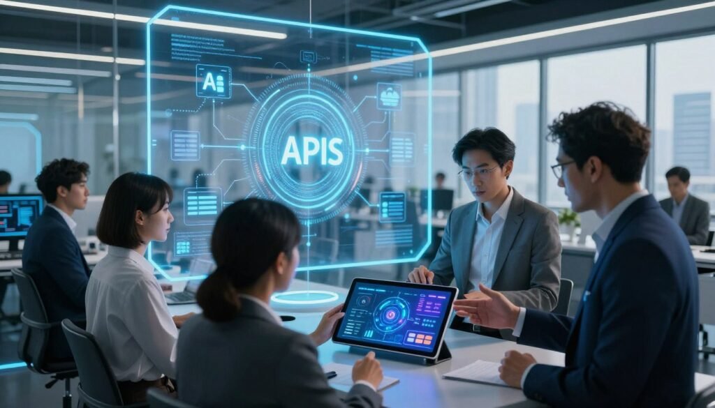 A futuristic office environment showcasing integration of open APIs and technological innovation. In the foreground, a diverse group of professionals wearing smart business attire is discussing over a digital tablet displaying a vibrant interface of connected applications. The middle ground features a transparent screen with rotating graphics representing APIs, data flows, and network connections, illuminated by soft blue lighting for a modern feel. The background shows a sleek office with glass walls, high-tech devices, and city skyline views through large windows, emphasizing innovation. The atmosphere is collaborative and inspiring, with a focus on the transformative power of technology. The overall composition has a dynamic perspective, capturing the energy of a forward-thinking workspace. A futuristic office environment showcasing integration of open APIs and technological innovation. In the foreground, a diverse group of professionals wearing smart business attire is discussing over a digital tablet displaying a vibrant interface of connected applications. The middle ground features a transparent screen with rotating graphics representing APIs, data flows, and network connections, illuminated by soft blue lighting for a modern feel. The background shows a sleek office with glass walls, high-tech devices, and city skyline views through large windows, emphasizing innovation. The atmosphere is collaborative and inspiring, with a focus on the transformative power of technology. The overall composition has a dynamic perspective, capturing the energy of a forward-thinking workspace.