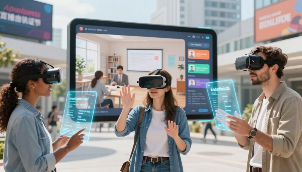 A futuristic scene depicting augmented reality features of a language learning application, with a focus on immersive technology. In the foreground, a diverse group of three adults wearing modern casual attire interact with AR holograms displaying vocabulary words and grammar concepts. The middle ground features a sleek, high-tech interface showcasing a virtual classroom filled with dynamic language resources, while the background illustrates a bright, modern urban setting with digital billboards promoting language learning. The lighting is bright and inviting, creating an atmosphere of innovation and engagement. The image should reflect excitement and interactivity, capturing the essence of learning languages through cutting-edge technology, with a focus on practical applications. A futuristic scene depicting augmented reality features of a language learning application, with a focus on immersive technology. In the foreground, a diverse group of three adults wearing modern casual attire interact with AR holograms displaying vocabulary words and grammar concepts. The middle ground features a sleek, high-tech interface showcasing a virtual classroom filled with dynamic language resources, while the background illustrates a bright, modern urban setting with digital billboards promoting language learning. The lighting is bright and inviting, creating an atmosphere of innovation and engagement. The image should reflect excitement and interactivity, capturing the essence of learning languages through cutting-edge technology, with a focus on practical applications.