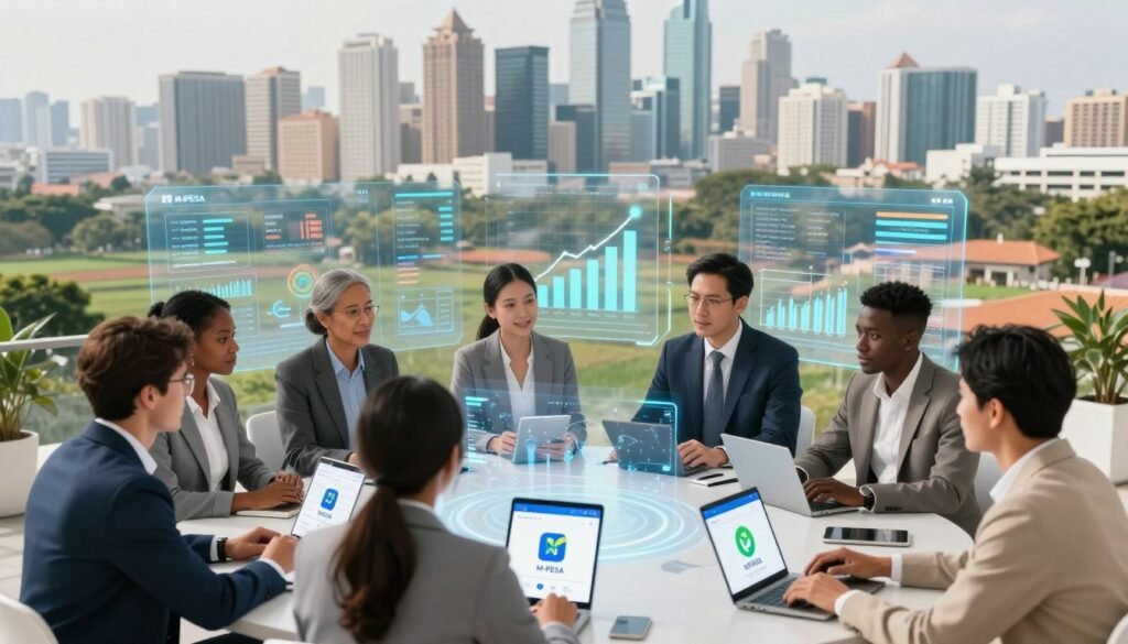 A futuristic scene illustrating the impact of M-PESA on innovations and vision for the future. In the foreground, a diverse group of professionals in business attire, engaged in discussion, surrounded by digital devices showcasing M-PESA applications. The middle ground features holographic displays of financial data and graphs, symbolizing growth and connectivity. The background presents a vibrant cityscape with modern architecture, contrasting with the lush landscapes of rural areas benefiting from mobile banking. Soft, natural lighting illuminates the scene, creating an optimistic atmosphere. Shot from a slightly elevated angle to emphasize the depth of interaction and innovation, evoking a sense of progress and community. A futuristic scene illustrating the impact of M-PESA on innovations and vision for the future. In the foreground, a diverse group of professionals in business attire, engaged in discussion, surrounded by digital devices showcasing M-PESA applications. The middle ground features holographic displays of financial data and graphs, symbolizing growth and connectivity. The background presents a vibrant cityscape with modern architecture, contrasting with the lush landscapes of rural areas benefiting from mobile banking. Soft, natural lighting illuminates the scene, creating an optimistic atmosphere. Shot from a slightly elevated angle to emphasize the depth of interaction and innovation, evoking a sense of progress and community.