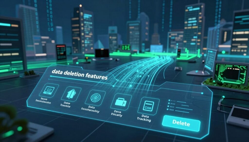 A futuristic, sleek digital interface displaying "data deletion features" prominently. In the foreground, an interactive dashboard with glowing icons representing various functionalities like secure deletion, data tracking, and privacy settings, with a focus on a large "Delete" button. The middle ground shows an abstract representation of data flowing in from various devices, symbolizing the digital landscape. The background features a stylized digital cityscape with binary codes subtly integrated into the architecture, emphasizing a tech-driven environment. Soft blue and green lighting creates a calm yet innovative atmosphere, hinting at safety and security. The scene is captured from a slightly elevated angle, giving a panoramic view of the digital ecosystem, highlighting a sense of control and empowerment over personal data. A futuristic, sleek digital interface displaying "data deletion features" prominently. In the foreground, an interactive dashboard with glowing icons representing various functionalities like secure deletion, data tracking, and privacy settings, with a focus on a large "Delete" button. The middle ground shows an abstract representation of data flowing in from various devices, symbolizing the digital landscape. The background features a stylized digital cityscape with binary codes subtly integrated into the architecture, emphasizing a tech-driven environment. Soft blue and green lighting creates a calm yet innovative atmosphere, hinting at safety and security. The scene is captured from a slightly elevated angle, giving a panoramic view of the digital ecosystem, highlighting a sense of control and empowerment over personal data.
