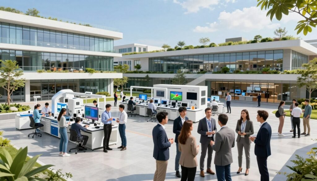 A futuristic university campus representing a global hub of innovation, featuring sleek, modern architecture and vibrant outdoor spaces. In the foreground, groups of diverse professionals in business attire engage in collaborative discussions, showcasing teamwork and creativity. The middle ground highlights innovative research labs with cutting-edge technology and students working on interactive projects, illuminated by natural light streaming through large windows. In the background, green rooftops and sustainable design elements symbolize environmental responsibility. The scene is set during bright daylight, with a clear blue sky above, creating an energetic and inspiring atmosphere. The composition should evoke a sense of progress, collaboration, and a dynamic educational environment. A futuristic university campus representing a global hub of innovation, featuring sleek, modern architecture and vibrant outdoor spaces. In the foreground, groups of diverse professionals in business attire engage in collaborative discussions, showcasing teamwork and creativity. The middle ground highlights innovative research labs with cutting-edge technology and students working on interactive projects, illuminated by natural light streaming through large windows. In the background, green rooftops and sustainable design elements symbolize environmental responsibility. The scene is set during bright daylight, with a clear blue sky above, creating an energetic and inspiring atmosphere. The composition should evoke a sense of progress, collaboration, and a dynamic educational environment.
