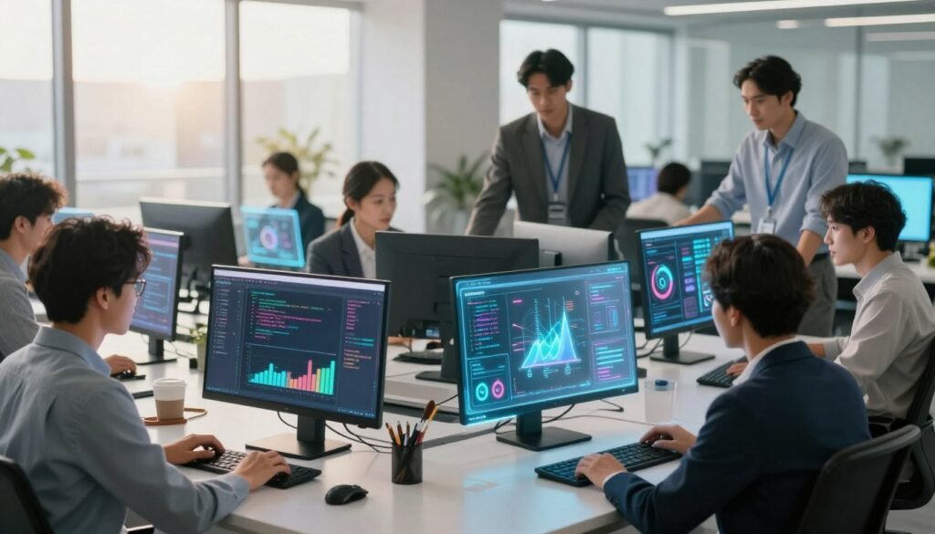 A futuristic workspace showcasing the main features of Emergent AI in application development. In the foreground, a diverse group of professionals in business attire engages with holographic interfaces displaying graphs, coding, and AI algorithms. The middle layer features sleek computers and dynamic screens that highlight real-time data analysis and collaborative tools. The background reveals a modern office environment with large windows allowing natural light to flood in, creating a warm and innovative atmosphere. The lighting is bright yet soft, to enhance focus on the professionals' expressions of collaboration and concentration. The overall mood is one of cutting-edge technology and teamwork, emphasizing the transformative aspects of AI in app development. A futuristic workspace showcasing the main features of Emergent AI in application development. In the foreground, a diverse group of professionals in business attire engages with holographic interfaces displaying graphs, coding, and AI algorithms. The middle layer features sleek computers and dynamic screens that highlight real-time data analysis and collaborative tools. The background reveals a modern office environment with large windows allowing natural light to flood in, creating a warm and innovative atmosphere. The lighting is bright yet soft, to enhance focus on the professionals' expressions of collaboration and concentration. The overall mood is one of cutting-edge technology and teamwork, emphasizing the transformative aspects of AI in app development.
