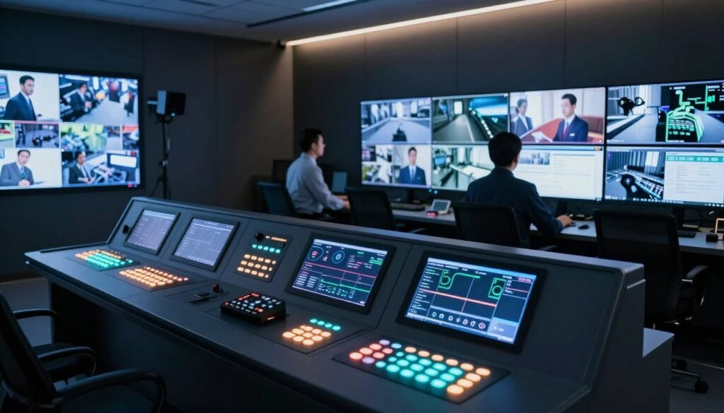 A high-tech control room showcasing advanced security and LED lighting systems. In the foreground, a sleek control panel with glowing LED lights, buttons, and touch screens indicating various security metrics. Monitors display surveillance feeds in vibrant colors. In the middle ground, a professional operator in business attire is attentively monitoring the screens, reflecting focus and diligence. The background features darkened walls illuminated by soft, ambient LED lights, enhancing the high-tech atmosphere. The room is dimly lit to emphasize the glow of the screens and control panel. A camera angle capturing the entire scene from an elevated perspective, creating a sense of depth. The overall mood is one of reliability, efficiency, and cutting-edge technology. A high-tech control room showcasing advanced security and LED lighting systems. In the foreground, a sleek control panel with glowing LED lights, buttons, and touch screens indicating various security metrics. Monitors display surveillance feeds in vibrant colors. In the middle ground, a professional operator in business attire is attentively monitoring the screens, reflecting focus and diligence. The background features darkened walls illuminated by soft, ambient LED lights, enhancing the high-tech atmosphere. The room is dimly lit to emphasize the glow of the screens and control panel. A camera angle capturing the entire scene from an elevated perspective, creating a sense of depth. The overall mood is one of reliability, efficiency, and cutting-edge technology.