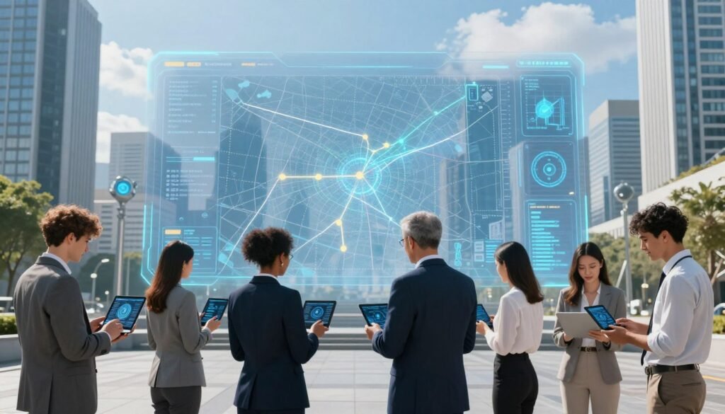 A high-tech scene depicting geofencing and GPS tracking in an urban environment. In the foreground, a diverse group of professionals dressed in smart business attire are engaged with digital devices, showcasing data on screens. The middle ground features a large, semi-transparent digital map overlay, illustrating geo-boundaries with animated graphics to indicate movement within them. The background shows a modern cityscape with tall buildings and smart technology installations, under a bright blue sky with soft clouds. The lighting is clear and vibrant, giving a futuristic feel to the environment. The mood is professional and secure, conveying trust and advanced technology. A high-tech scene depicting geofencing and GPS tracking in an urban environment. In the foreground, a diverse group of professionals dressed in smart business attire are engaged with digital devices, showcasing data on screens. The middle ground features a large, semi-transparent digital map overlay, illustrating geo-boundaries with animated graphics to indicate movement within them. The background shows a modern cityscape with tall buildings and smart technology installations, under a bright blue sky with soft clouds. The lighting is clear and vibrant, giving a futuristic feel to the environment. The mood is professional and secure, conveying trust and advanced technology.