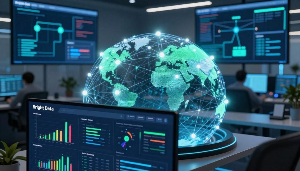 A high-tech scene depicting the key features of Bright Data's proxy network. In the foreground, showcase a detailed digital interface displaying vibrant graphs and analytics dashboards symbolizing real-time data insights. In the middle ground, visualize a connection of luminous nodes representing proxies interconnected in a globe-like formation, illustrating global data reach. The background should feature a sleek, modern office environment with large screens displaying schematic diagrams of data flows and proxy functionality. Use cool blue and green lighting to create a tech-savvy atmosphere, emphasizing clarity and precision. Capture this from a slightly elevated angle, highlighting the depth of the digital network while maintaining a professional and corporate mood. A high-tech scene depicting the key features of Bright Data's proxy network. In the foreground, showcase a detailed digital interface displaying vibrant graphs and analytics dashboards symbolizing real-time data insights. In the middle ground, visualize a connection of luminous nodes representing proxies interconnected in a globe-like formation, illustrating global data reach. The background should feature a sleek, modern office environment with large screens displaying schematic diagrams of data flows and proxy functionality. Use cool blue and green lighting to create a tech-savvy atmosphere, emphasizing clarity and precision. Capture this from a slightly elevated angle, highlighting the depth of the digital network while maintaining a professional and corporate mood.