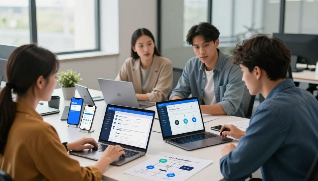 A high-tech workspace showcasing the prerequisites for integrating mobile money payment systems. In the foreground, a diverse group of three professionals in smart casual attire, discussing over a laptop displaying a mobile money app interface. In the middle ground, an assortment of digital devices, such as smartphones and tablets, surrounded by notes and diagrams illustrating integration processes. The background features a sleek office with large windows letting in soft, natural light, highlighting the modern aesthetic. The atmosphere exudes innovation and collaboration, with a clean, organized design that emphasizes the technical aspects of mobile payment integration. Shot with a wide-angle lens to capture the entire workspace dynamically, ensure vibrant yet balanced lighting to create an inviting mood. A high-tech workspace showcasing the prerequisites for integrating mobile money payment systems. In the foreground, a diverse group of three professionals in smart casual attire, discussing over a laptop displaying a mobile money app interface. In the middle ground, an assortment of digital devices, such as smartphones and tablets, surrounded by notes and diagrams illustrating integration processes. The background features a sleek office with large windows letting in soft, natural light, highlighting the modern aesthetic. The atmosphere exudes innovation and collaboration, with a clean, organized design that emphasizes the technical aspects of mobile payment integration. Shot with a wide-angle lens to capture the entire workspace dynamically, ensure vibrant yet balanced lighting to create an inviting mood.