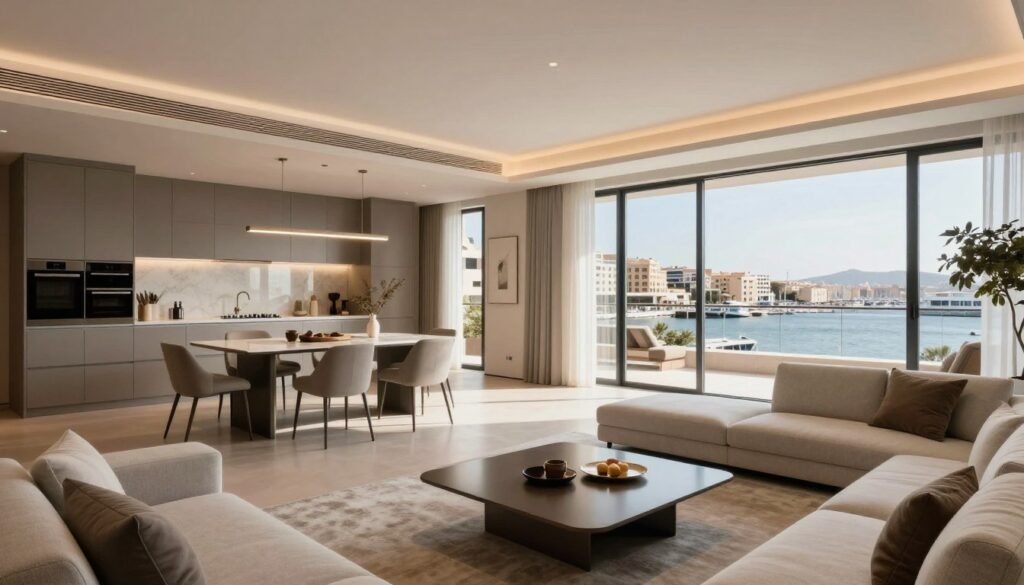 A luxurious modern apartment interior showcasing contemporary design elements, with a spacious open-plan layout. In the foreground, a sleek, designer coffee table and plush, minimalist sofas invite relaxation. The middle layer features a stylish kitchen with high-end appliances and a chic dining area adorned with elegant décor pieces. Large floor-to-ceiling windows bathe the space in soft, warm lighting, highlighting the sophisticated color palette of whites, grays, and earthy tones. In the background, a stunning view of the Casablanca Marina through the glass, transporting the viewer to a vibrant urban setting. The overall mood is one of sophistication and tranquility, perfect for a high-end lifestyle. Use a wide-angle lens to emphasize the spaciousness and create a warm, inviting atmosphere. A luxurious modern apartment interior showcasing contemporary design elements, with a spacious open-plan layout. In the foreground, a sleek, designer coffee table and plush, minimalist sofas invite relaxation. The middle layer features a stylish kitchen with high-end appliances and a chic dining area adorned with elegant décor pieces. Large floor-to-ceiling windows bathe the space in soft, warm lighting, highlighting the sophisticated color palette of whites, grays, and earthy tones. In the background, a stunning view of the Casablanca Marina through the glass, transporting the viewer to a vibrant urban setting. The overall mood is one of sophistication and tranquility, perfect for a high-end lifestyle. Use a wide-angle lens to emphasize the spaciousness and create a warm, inviting atmosphere.