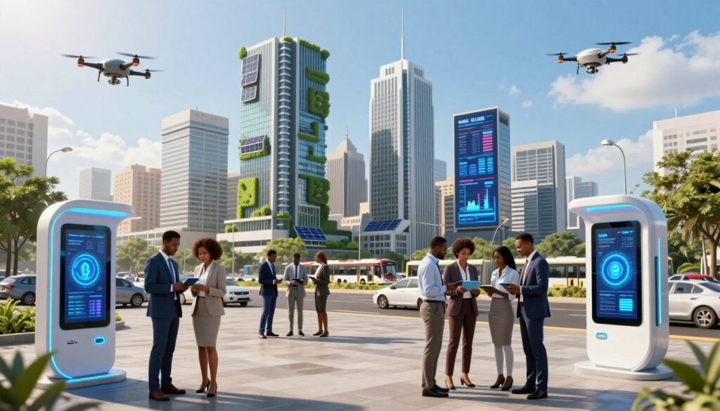 A modern African technological infrastructure scene, showcasing vibrant city life. In the foreground, diverse professionals in business attire collaborate around futuristic tablets and digital devices, surrounded by high-tech elements like drones and smart kiosks. The middle ground features sleek skyscrapers adorned with green technology, solar panels, and digital billboards displaying financial data and crypto graphics. The background portrays a bustling urban landscape with electric vehicles and public transport systems integrated into the city’s landscape, all under a bright blue sky with soft sunlight casting thoughtful shadows. The atmosphere exudes innovation, collaboration, and progress, emphasizing Africa's growing role in technology and commerce. A modern African technological infrastructure scene, showcasing vibrant city life. In the foreground, diverse professionals in business attire collaborate around futuristic tablets and digital devices, surrounded by high-tech elements like drones and smart kiosks. The middle ground features sleek skyscrapers adorned with green technology, solar panels, and digital billboards displaying financial data and crypto graphics. The background portrays a bustling urban landscape with electric vehicles and public transport systems integrated into the city’s landscape, all under a bright blue sky with soft sunlight casting thoughtful shadows. The atmosphere exudes innovation, collaboration, and progress, emphasizing Africa's growing role in technology and commerce.