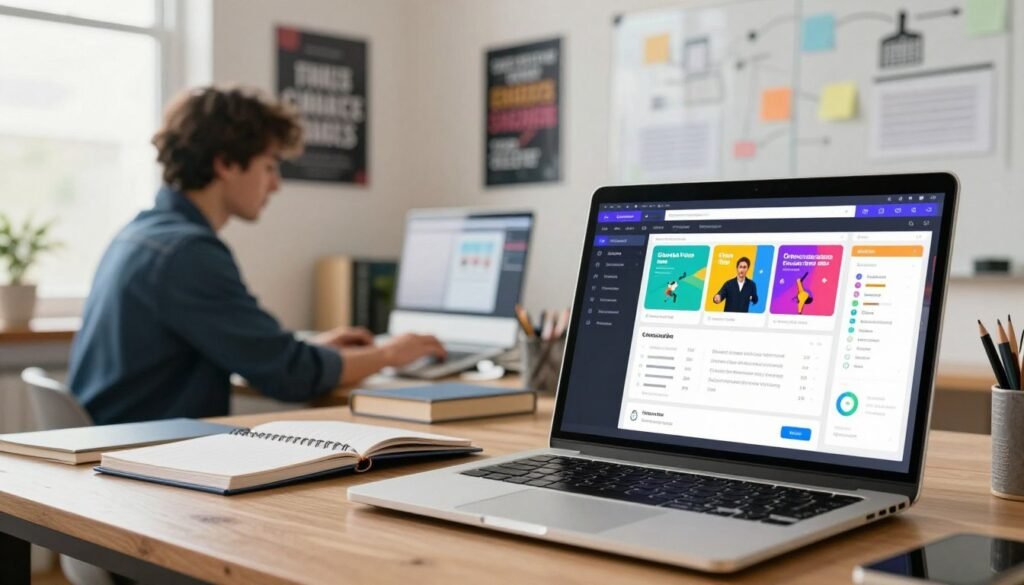 A modern and dynamic visual of an online course creation editor interface. In the foreground, a sleek laptop displays a vibrant, user-friendly dashboard filled with colorful course building modules, charts, and interactive elements. In the middle layer, a focused professional wears smart casual attire, intently working on the computer, surrounded by educational materials like books and notebooks. The background features a well-lit, contemporary workspace with motivational posters and a whiteboard filled with brainstorming ideas. Soft natural light floods the room from a nearby window, creating an inviting atmosphere. The overall mood is one of creativity and productivity, embodying the power and flexibility of a robust course creation tool. A modern and dynamic visual of an online course creation editor interface. In the foreground, a sleek laptop displays a vibrant, user-friendly dashboard filled with colorful course building modules, charts, and interactive elements. In the middle layer, a focused professional wears smart casual attire, intently working on the computer, surrounded by educational materials like books and notebooks. The background features a well-lit, contemporary workspace with motivational posters and a whiteboard filled with brainstorming ideas. Soft natural light floods the room from a nearby window, creating an inviting atmosphere. The overall mood is one of creativity and productivity, embodying the power and flexibility of a robust course creation tool.