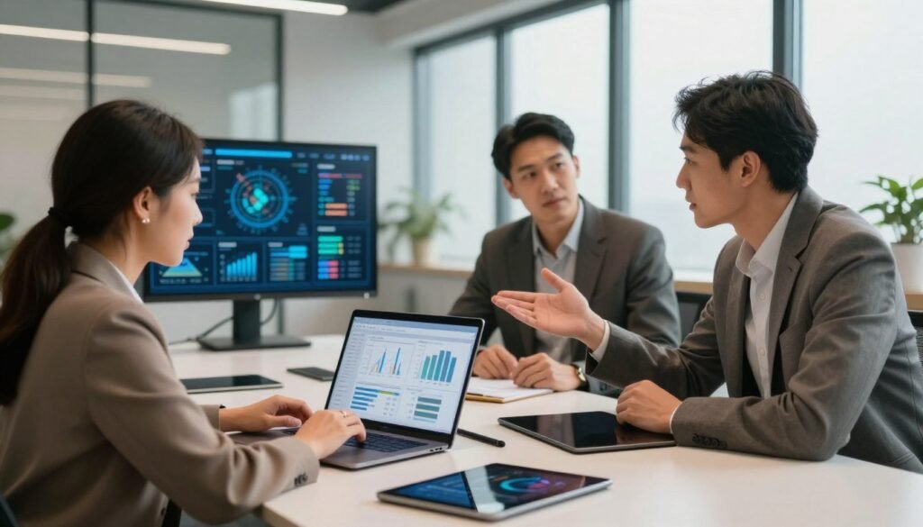 A modern and dynamic workspace featuring a diverse group of three professionals engaged in a collaborative discussion. In the foreground, a diverse woman and a man in business attire lean over a sophisticated laptop displaying analytical charts. The middle ground captures a sleek conference table with high-tech tools like tablets, digital notepads, and data visualization screens. The background features large windows allowing soft natural light to illuminate the space, creating a bright and motivating atmosphere. The warm color palette enhances the inviting mood while highlighting the effectiveness of using innovative tools and methodologies. The composition should have a slight angle to emphasize depth, ensuring the scene feels immersive and engaging. No text or watermarks. A modern and dynamic workspace featuring a diverse group of three professionals engaged in a collaborative discussion. In the foreground, a diverse woman and a man in business attire lean over a sophisticated laptop displaying analytical charts. The middle ground captures a sleek conference table with high-tech tools like tablets, digital notepads, and data visualization screens. The background features large windows allowing soft natural light to illuminate the space, creating a bright and motivating atmosphere. The warm color palette enhances the inviting mood while highlighting the effectiveness of using innovative tools and methodologies. The composition should have a slight angle to emphasize depth, ensuring the scene feels immersive and engaging. No text or watermarks.