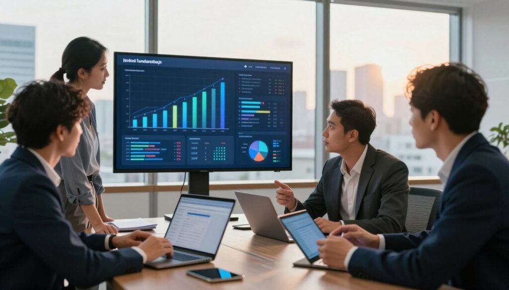 A modern and inviting fundraising platform scene featuring a diverse group of entrepreneurs and investors collaborating in a sleek office environment. In the foreground, three individuals in professional attire are discussing ideas over laptops and digital tablets, showing a spirit of innovation. The middle ground showcases a large screen displaying dynamic graphs and data visualizations related to fundraising. The background reveals large windows with a city skyline, bathed in warm sunlight, enhancing a productive atmosphere. The overall mood conveys professionalism, collaboration, and optimism for startup success, with soft natural lighting creating a welcoming ambiance. Capture the essence of teamwork and strategic planning for fundraising with a focus on technology and partnership. A modern and inviting fundraising platform scene featuring a diverse group of entrepreneurs and investors collaborating in a sleek office environment. In the foreground, three individuals in professional attire are discussing ideas over laptops and digital tablets, showing a spirit of innovation. The middle ground showcases a large screen displaying dynamic graphs and data visualizations related to fundraising. The background reveals large windows with a city skyline, bathed in warm sunlight, enhancing a productive atmosphere. The overall mood conveys professionalism, collaboration, and optimism for startup success, with soft natural lighting creating a welcoming ambiance. Capture the essence of teamwork and strategic planning for fundraising with a focus on technology and partnership.