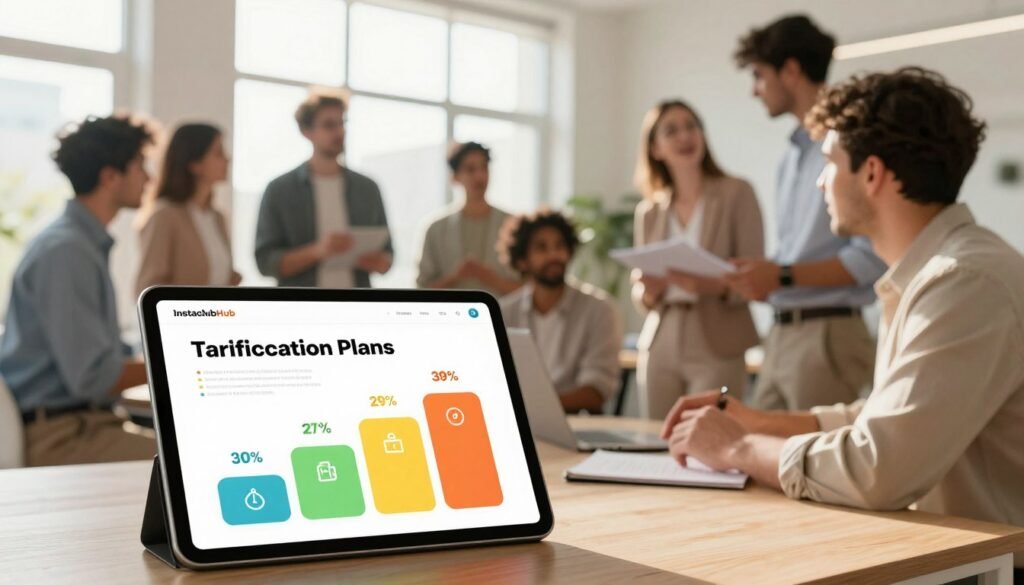 A modern and inviting scene depicting various InstaclubHub tarification plans, presented visually as colorful, well-organized charts and infographics. In the foreground, a sleek tablet showcases different membership tiers, each represented by distinct colors and icons, inviting users to explore their options. In the middle ground, a diverse group of professionals in smart casual attire discuss the plans, engaged and enthusiastic, reflecting the collaborative spirit of the platform. The background features a bright, airy office space with large windows, allowing sunlight to stream in, creating a warm and welcoming atmosphere. The lighting is soft yet bright, emphasizing a sense of optimism and connectivity among users. The overall mood is energetic and professional, perfect for illustrating a tech-savvy social network. A modern and inviting scene depicting various InstaclubHub tarification plans, presented visually as colorful, well-organized charts and infographics. In the foreground, a sleek tablet showcases different membership tiers, each represented by distinct colors and icons, inviting users to explore their options. In the middle ground, a diverse group of professionals in smart casual attire discuss the plans, engaged and enthusiastic, reflecting the collaborative spirit of the platform. The background features a bright, airy office space with large windows, allowing sunlight to stream in, creating a warm and welcoming atmosphere. The lighting is soft yet bright, emphasizing a sense of optimism and connectivity among users. The overall mood is energetic and professional, perfect for illustrating a tech-savvy social network.