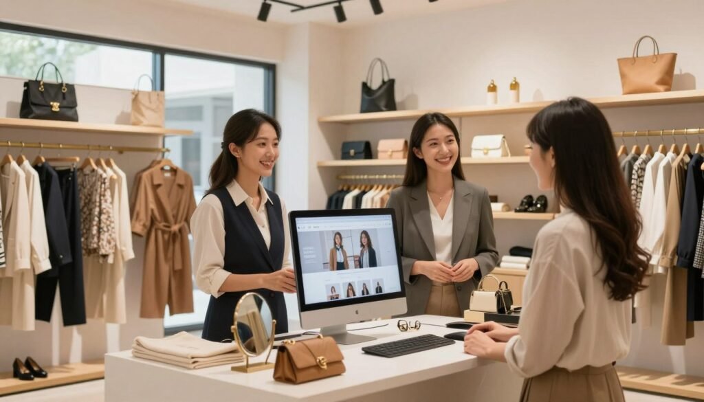 A modern and stylish online boutique interior, showcasing elegant displays of clothing and accessories in a well-lit, inviting space. In the foreground, a friendly female shop owner in professional attire interacts with a satisfied customer, both smiling. In the middle, shelves neatly organized with various fashion items and decor, a computer station displaying an engaging e-commerce website. The background features large windows allowing natural light to illuminate the boutique, creating a cheerful atmosphere. Soft shadows cast by warm overhead lighting enhance the inviting mood. The focus is on the interaction between the owner and customer, emphasizing personalized service and modern shopping experiences. A modern and stylish online boutique interior, showcasing elegant displays of clothing and accessories in a well-lit, inviting space. In the foreground, a friendly female shop owner in professional attire interacts with a satisfied customer, both smiling. In the middle, shelves neatly organized with various fashion items and decor, a computer station displaying an engaging e-commerce website. The background features large windows allowing natural light to illuminate the boutique, creating a cheerful atmosphere. Soft shadows cast by warm overhead lighting enhance the inviting mood. The focus is on the interaction between the owner and customer, emphasizing personalized service and modern shopping experiences.