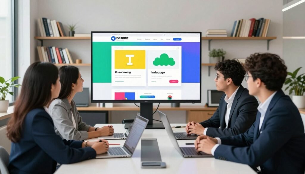 A modern and vibrant office environment showcasing various crowdfunding platforms. In the foreground, a diverse group of three professionals—one woman and two men—are engaged in a brainstorming session around a sleek conference table, dressed in professional business attire. The middle of the scene features a large screen displaying colorful graphs and website interfaces of popular crowdfunding platforms, such as Kickstarter and Indiegogo, illustrating their impact. The background includes shelves filled with books on finance and entrepreneurship. Soft, natural light filters in through large windows, creating an inviting atmosphere. The overall mood is collaborative and innovative, emphasizing excitement about launching new projects. The camera angle is slightly elevated, providing a comprehensive view of the workspace. A modern and vibrant office environment showcasing various crowdfunding platforms. In the foreground, a diverse group of three professionals—one woman and two men—are engaged in a brainstorming session around a sleek conference table, dressed in professional business attire. The middle of the scene features a large screen displaying colorful graphs and website interfaces of popular crowdfunding platforms, such as Kickstarter and Indiegogo, illustrating their impact. The background includes shelves filled with books on finance and entrepreneurship. Soft, natural light filters in through large windows, creating an inviting atmosphere. The overall mood is collaborative and innovative, emphasizing excitement about launching new projects. The camera angle is slightly elevated, providing a comprehensive view of the workspace.