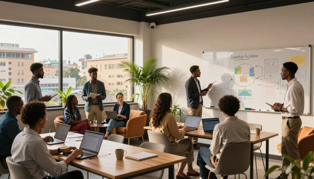 A modern and vibrant startup incubator space in Africa, showcasing a collaborative atmosphere. In the foreground, a diverse group of entrepreneurs in professional attire are engaged in discussions, brainstorming over laptops, and collaborating on ideas. The middle ground features a large whiteboard filled with colorful charts and strategies, while plants and comfortable seating create an inviting environment. In the background, large windows let in warm, natural light, revealing a bustling urban landscape with hints of African architecture. The mood is energetic and inspiring, reflecting innovation and community support. Shot with a wide-angle lens to capture the depth and dynamism of the space. A modern and vibrant startup incubator space in Africa, showcasing a collaborative atmosphere. In the foreground, a diverse group of entrepreneurs in professional attire are engaged in discussions, brainstorming over laptops, and collaborating on ideas. The middle ground features a large whiteboard filled with colorful charts and strategies, while plants and comfortable seating create an inviting environment. In the background, large windows let in warm, natural light, revealing a bustling urban landscape with hints of African architecture. The mood is energetic and inspiring, reflecting innovation and community support. Shot with a wide-angle lens to capture the depth and dynamism of the space.