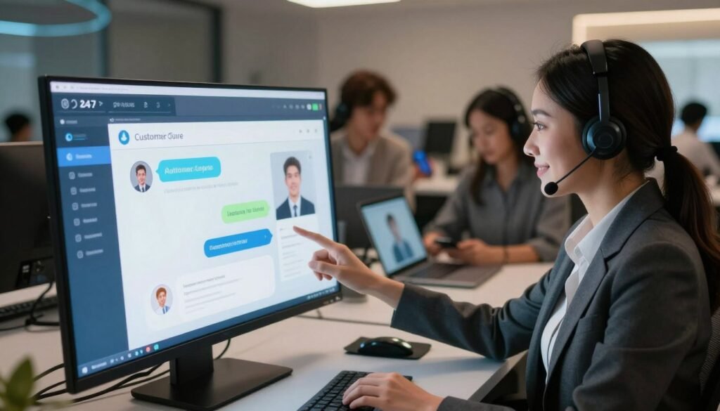 A modern, automated customer service environment featuring a sleek, digital interface on a large screen. In the foreground, a friendly, professional-looking customer service representative, wearing business attire, interacts with a virtual assistant displayed on the screen that showcases a chat interface. The middle layer should depict a diverse group of clients in the background, engaging with devices such as laptops and smartphones, symbolizing 24/7 accessibility. Soft, ambient lighting creates a warm atmosphere, while a hint of futuristic design elements flows through the room. The image captures the efficiency and convenience of automated client service, evoking a sense of innovation and engagement. The angle should be slightly elevated, providing a comprehensive view of the interaction dynamics. A modern, automated customer service environment featuring a sleek, digital interface on a large screen. In the foreground, a friendly, professional-looking customer service representative, wearing business attire, interacts with a virtual assistant displayed on the screen that showcases a chat interface. The middle layer should depict a diverse group of clients in the background, engaging with devices such as laptops and smartphones, symbolizing 24/7 accessibility. Soft, ambient lighting creates a warm atmosphere, while a hint of futuristic design elements flows through the room. The image captures the efficiency and convenience of automated client service, evoking a sense of innovation and engagement. The angle should be slightly elevated, providing a comprehensive view of the interaction dynamics.