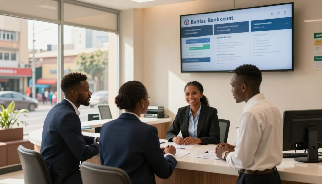 A modern bank interior in an African city, featuring a professional business environment. In the foreground, a diverse group of three individuals, dressed in smart business attire, are engaged in a discussion about opening a business bank account. The middle ground showcases a sleek bank counter with a friendly bank officer, highlighting a digital display of banking services. In the background, large windows reveal a sunlit urban landscape with vibrant street scenes, reflecting the lively atmosphere of African commerce. Use warm, welcoming lighting to create an inviting mood. Capture the scene with a slight angle to emphasize depth, focusing on the interactions and professionalism of the characters. A modern bank interior in an African city, featuring a professional business environment. In the foreground, a diverse group of three individuals, dressed in smart business attire, are engaged in a discussion about opening a business bank account. The middle ground showcases a sleek bank counter with a friendly bank officer, highlighting a digital display of banking services. In the background, large windows reveal a sunlit urban landscape with vibrant street scenes, reflecting the lively atmosphere of African commerce. Use warm, welcoming lighting to create an inviting mood. Capture the scene with a slight angle to emphasize depth, focusing on the interactions and professionalism of the characters.