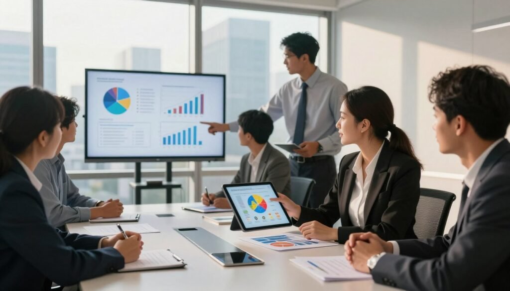 A modern business meeting scene depicting a diverse group of professional individuals gathered around a sleek conference table, engaging in a collaborative discussion about their economic model and commercial strategy. In the foreground, a confident woman in business attire examines a colorful chart displayed on a digital tablet, while a man beside her points to financial graphs annotated on a large screen. The middle ground features notes and marketing materials spread across the table, emphasizing a strategy planning session. In the background, floor-to-ceiling windows reveal a bustling city skyline, illuminated by warm morning light casting soft shadows. The atmosphere is focused, energetic, and collaborative, creating an inspiring mood for business innovation. A modern business meeting scene depicting a diverse group of professional individuals gathered around a sleek conference table, engaging in a collaborative discussion about their economic model and commercial strategy. In the foreground, a confident woman in business attire examines a colorful chart displayed on a digital tablet, while a man beside her points to financial graphs annotated on a large screen. The middle ground features notes and marketing materials spread across the table, emphasizing a strategy planning session. In the background, floor-to-ceiling windows reveal a bustling city skyline, illuminated by warm morning light casting soft shadows. The atmosphere is focused, energetic, and collaborative, creating an inspiring mood for business innovation.
