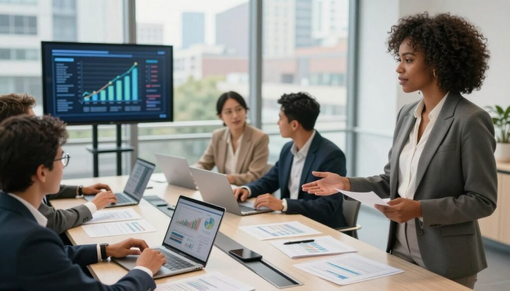 A modern business setting featuring diverse professionals engaged in a dynamic investment strategy discussion. In the foreground, a confident Black female entrepreneur in a tailored suit presents a visual chart on a touchscreen, showcasing seed capital investment trends. The middle ground includes a group of multicultural investors analyzing financial data on laptops and documents spread across a sleek conference table. The background displays large windows with natural light streaming in, revealing a vibrant cityscape. The atmosphere is collaborative and innovative, with a warm color palette enhancing the sense of optimism. Shot from a slightly elevated angle to capture the group’s interaction, using soft focus on the background to emphasize the foreground activity. A modern business setting featuring diverse professionals engaged in a dynamic investment strategy discussion. In the foreground, a confident Black female entrepreneur in a tailored suit presents a visual chart on a touchscreen, showcasing seed capital investment trends. The middle ground includes a group of multicultural investors analyzing financial data on laptops and documents spread across a sleek conference table. The background displays large windows with natural light streaming in, revealing a vibrant cityscape. The atmosphere is collaborative and innovative, with a warm color palette enhancing the sense of optimism. Shot from a slightly elevated angle to capture the group’s interaction, using soft focus on the background to emphasize the foreground activity.