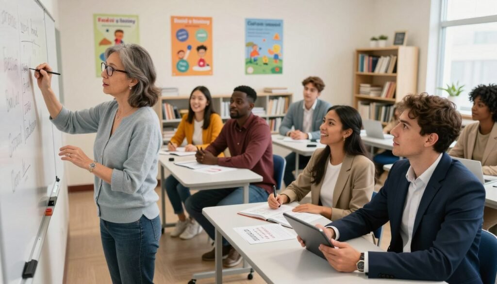 A modern classroom scene featuring a diverse group of professional adults engaged in learning English. In the foreground, a middle-aged woman with glasses is writing on a whiteboard, demonstrating a point. Beside her, a young man in a suit is using a digital tablet, looking focused. In the middle ground, a diverse group of students (an Asian woman, a Black man, and a Hispanic woman) sit at desks, conversing excitedly in English and practicing with language materials. Bright, well-lit interior highlighting educational posters about language learning on the walls. The background shows shelves filled with books and resources related to English language learning. The atmosphere is energetic and collaborative, reflecting a positive learning experience. Use soft, warm lighting to create an inviting environment. A modern classroom scene featuring a diverse group of professional adults engaged in learning English. In the foreground, a middle-aged woman with glasses is writing on a whiteboard, demonstrating a point. Beside her, a young man in a suit is using a digital tablet, looking focused. In the middle ground, a diverse group of students (an Asian woman, a Black man, and a Hispanic woman) sit at desks, conversing excitedly in English and practicing with language materials. Bright, well-lit interior highlighting educational posters about language learning on the walls. The background shows shelves filled with books and resources related to English language learning. The atmosphere is energetic and collaborative, reflecting a positive learning experience. Use soft, warm lighting to create an inviting environment.