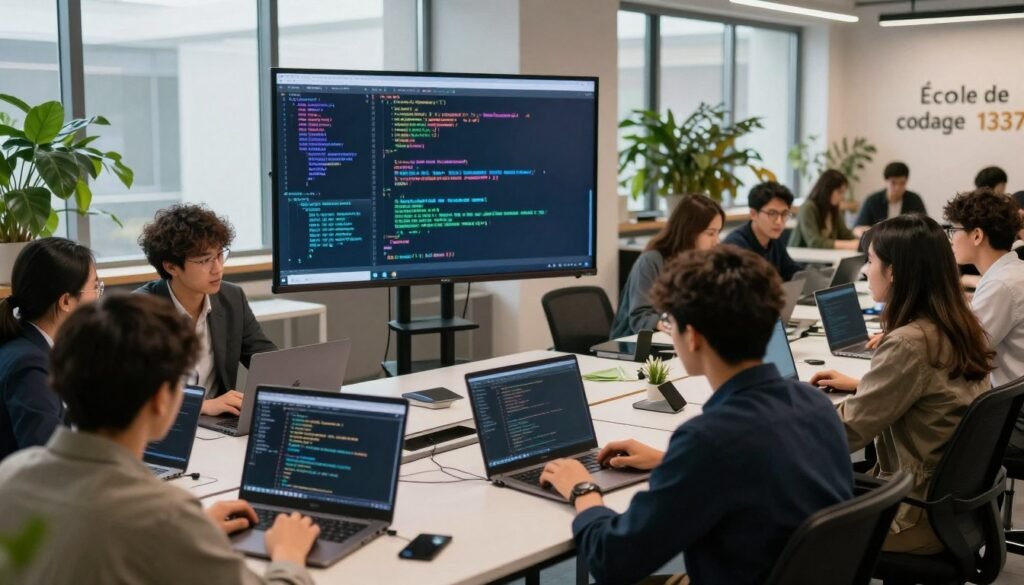 A modern coding school environment showcasing "École de codage 1337". In the foreground, a diverse group of students sit at sleek, high-tech desks with laptops open, intensely focused on coding. They are dressed in professional business attire and engaged in collaborative discussions. In the middle, a large digital screen displays complex code and programming languages, illuminated with a vibrant glow. The background features large windows letting in natural light, creating an inspiring atmosphere filled with green plant life for a touch of nature. The lighting is warm and inviting, enhancing the creative yet focused mood of the scene. Capture this moment from a slightly elevated angle, emphasizing the innovation and teamwork within a state-of-the-art learning space. A modern coding school environment showcasing "École de codage 1337". In the foreground, a diverse group of students sit at sleek, high-tech desks with laptops open, intensely focused on coding. They are dressed in professional business attire and engaged in collaborative discussions. In the middle, a large digital screen displays complex code and programming languages, illuminated with a vibrant glow. The background features large windows letting in natural light, creating an inspiring atmosphere filled with green plant life for a touch of nature. The lighting is warm and inviting, enhancing the creative yet focused mood of the scene. Capture this moment from a slightly elevated angle, emphasizing the innovation and teamwork within a state-of-the-art learning space.