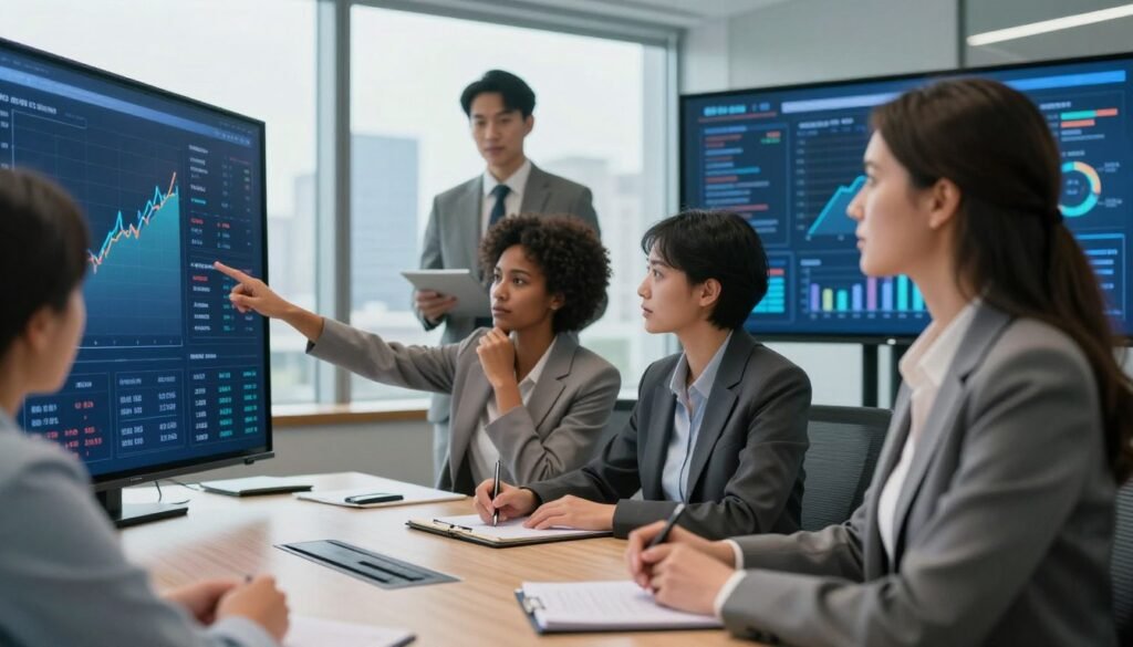 A modern corporate boardroom setting where a diverse group of professionals is engaged in a strategic analysis session. In the foreground, a Caucasian woman in professional attire is pointing at a large data chart on a digital screen, illustrating market trends and competitor analysis. The middle ground features other team members, including an Asian man taking notes and a Black woman contemplating the information, all dressed in smart business attire. The background showcases a large window with a city skyline view, capturing the essence of a bustling environment. Soft, natural light pours in, creating a focus on the team while maintaining a professional and collaborative atmosphere. The image has a clean, sharp focus with a slight depth of field, emphasizing the subjects involved in this critical strategic discussion. A modern corporate boardroom setting where a diverse group of professionals is engaged in a strategic analysis session. In the foreground, a Caucasian woman in professional attire is pointing at a large data chart on a digital screen, illustrating market trends and competitor analysis. The middle ground features other team members, including an Asian man taking notes and a Black woman contemplating the information, all dressed in smart business attire. The background showcases a large window with a city skyline view, capturing the essence of a bustling environment. Soft, natural light pours in, creating a focus on the team while maintaining a professional and collaborative atmosphere. The image has a clean, sharp focus with a slight depth of field, emphasizing the subjects involved in this critical strategic discussion.